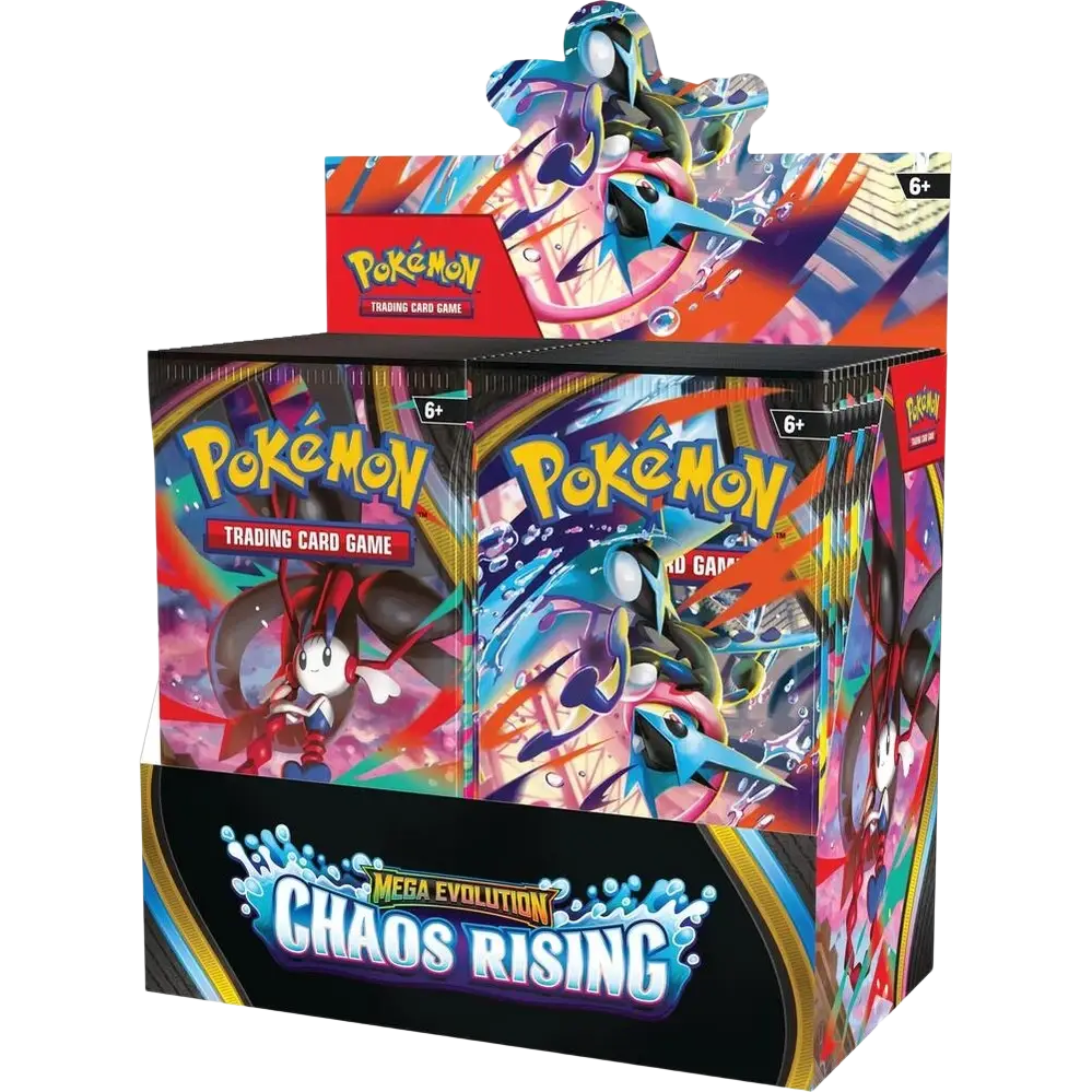 Vibrant pokemon mega evolutions chaos rising booster box with dynamic legendary artwork on glossy colorful packaging