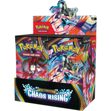 Vibrant pokemon mega evolutions chaos rising booster box with dynamic legendary artwork on glossy colorful packaging
