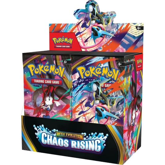 Vibrant pokemon mega evolutions chaos rising booster box with dynamic legendary artwork on glossy colorful packaging
