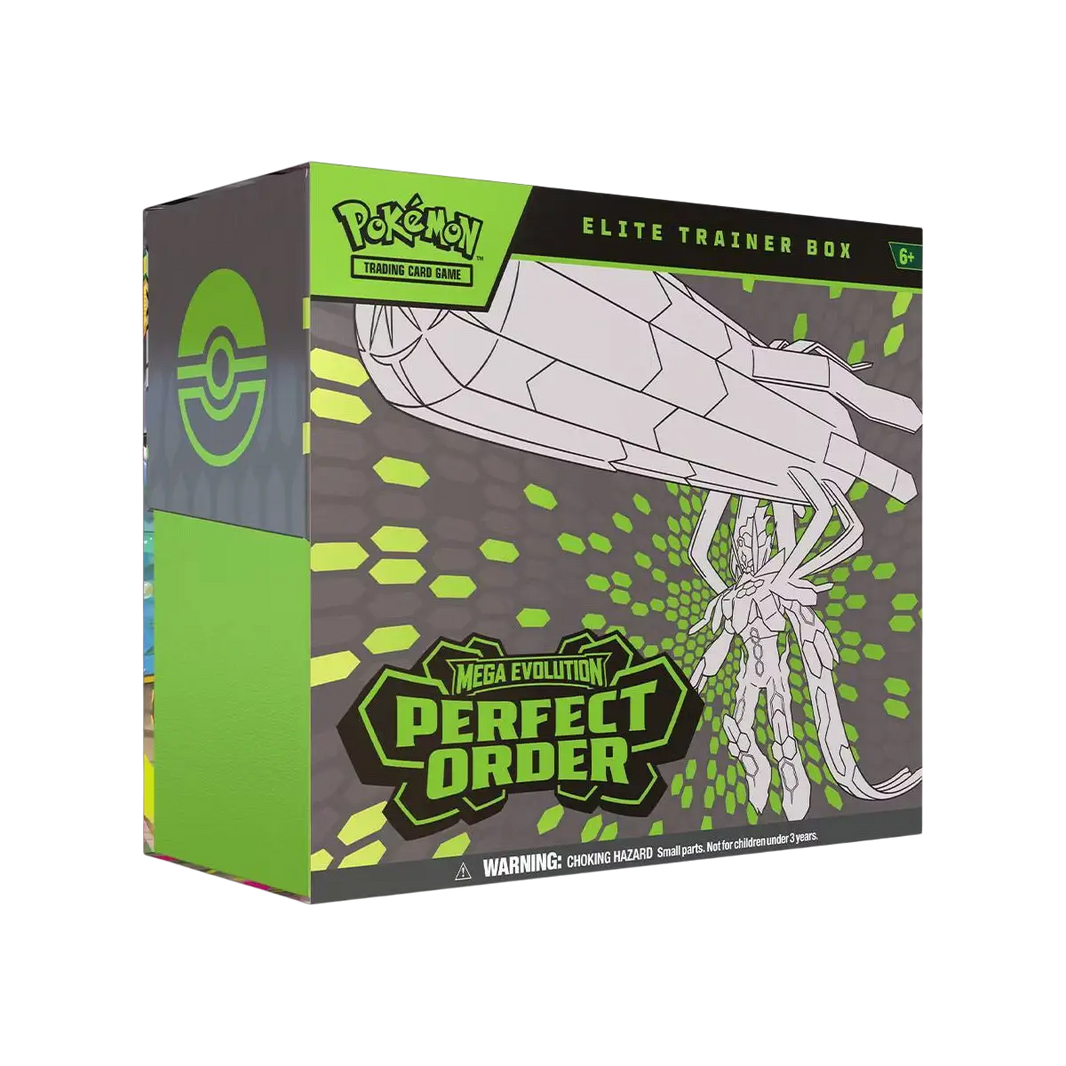 Green and black pokémon mega evolution elite trainer box featuring perfect order design with stylized white insect creature