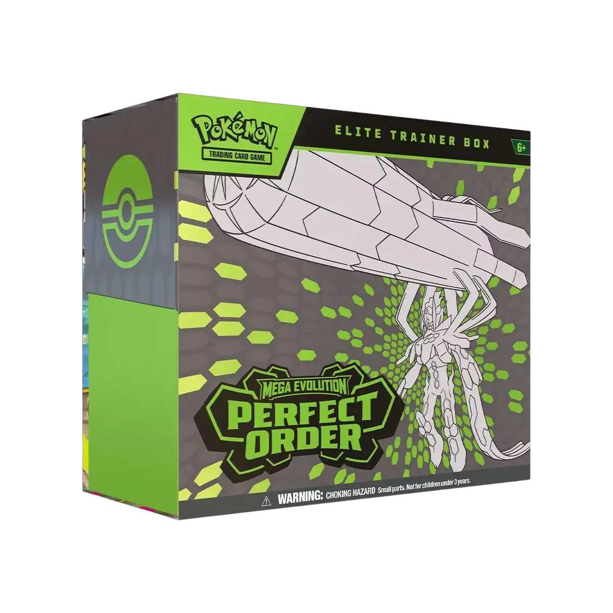 Green and black pokémon mega evolution elite trainer box featuring perfect order design with stylized white insect creature