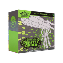 Green and black pokémon mega evolution elite trainer box featuring perfect order design with stylized white insect creature