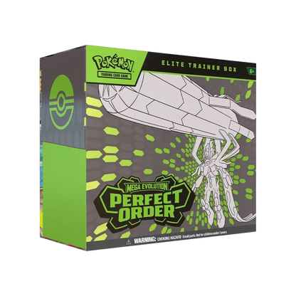 Green and black pokémon mega evolution elite trainer box featuring perfect order design with stylized white insect creature