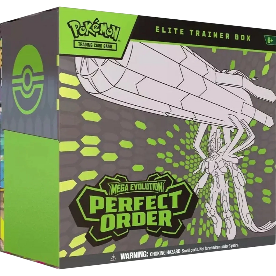 Green and black pokémon elite trainer box featuring mega evolution perfect order with white line-art illustration for pokémon scarlet