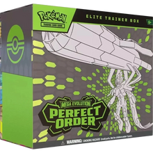 Green and black pokémon elite trainer box featuring mega evolution perfect order with white line-art illustration for pokémon scarlet
