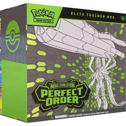 Green and black pokémon elite trainer box featuring mega evolution perfect order with white line-art illustration for pokémon scarlet