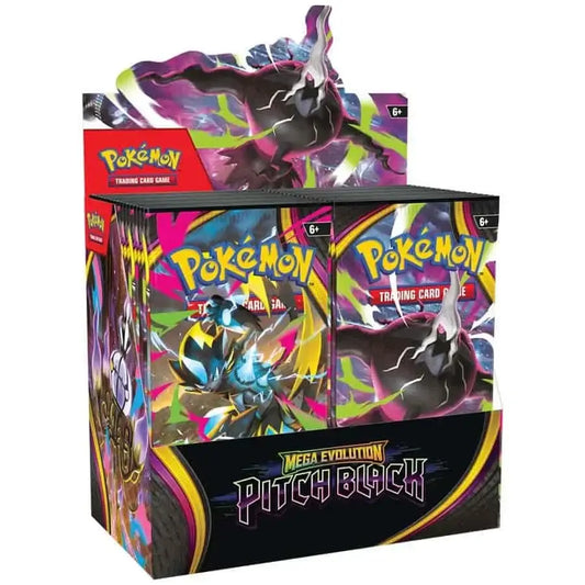 Vibrant mega evolution Pokémon pitch black booster box with dark electric artwork for pre-order rising booster box