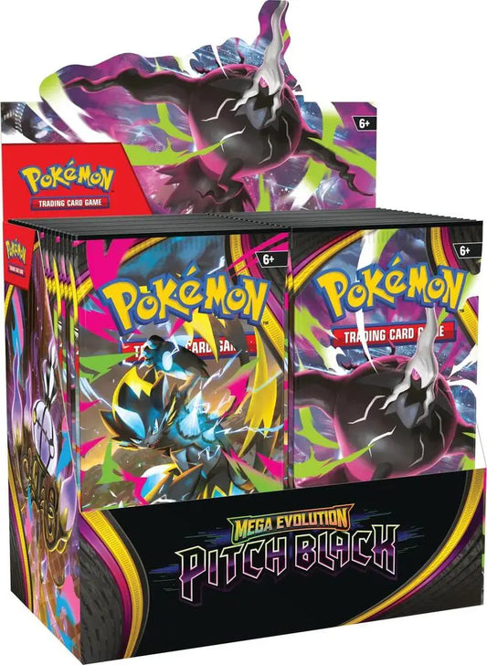 Vibrant purple and black mega evolution Pokémon pitch black booster box featuring dynamic Mewtwo artwork for pre-order