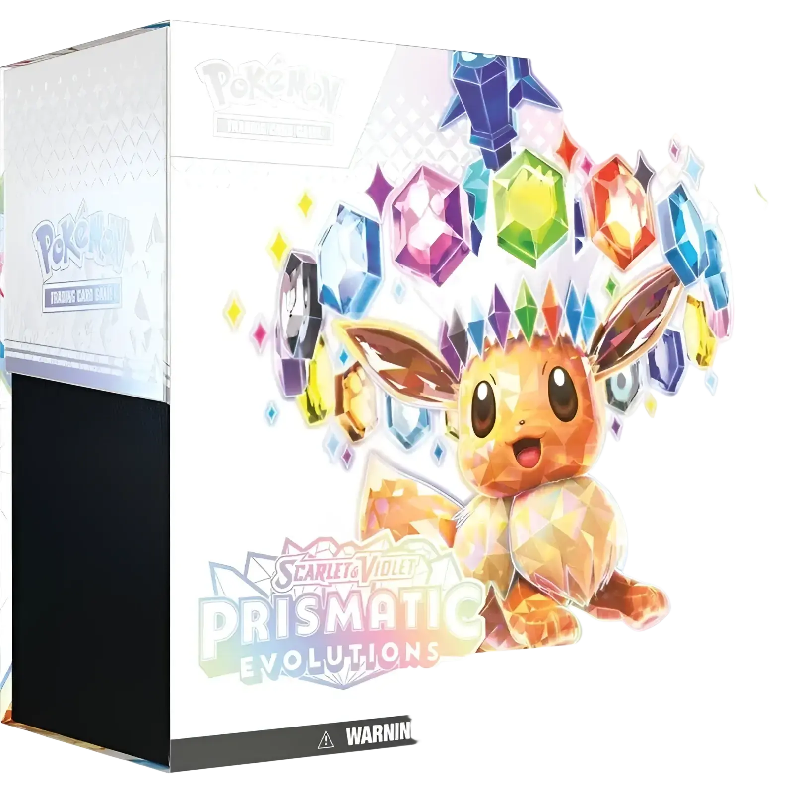 A vibrant prism-effect eevee illustration on the front of the pokemon tcg elite trainer box scarlet prismatic evolutions booster bundle