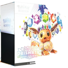 A vibrant prism-effect eevee illustration on the front of the pokemon tcg elite trainer box scarlet prismatic evolutions booster bundle