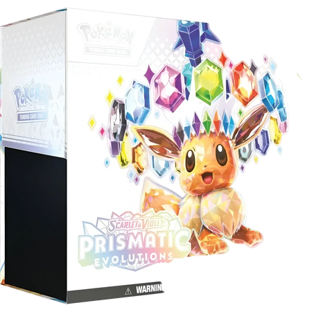 A vibrant prism-effect eevee illustration on the front of the pokemon tcg elite trainer box scarlet prismatic evolutions booster bundle