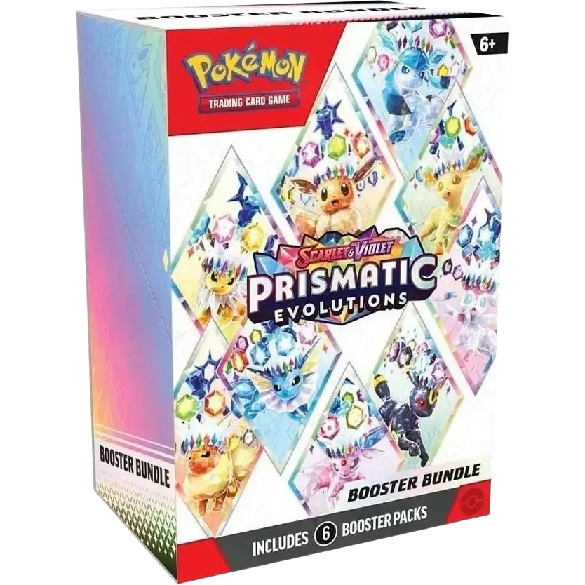 Pokémon tcg prismatic evolutions booster bundle box with vibrant diamond eeveelutions on colorful gradient background