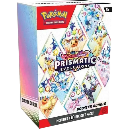 Pokémon tcg prismatic evolutions booster bundle box with vibrant diamond eeveelutions on colorful gradient background