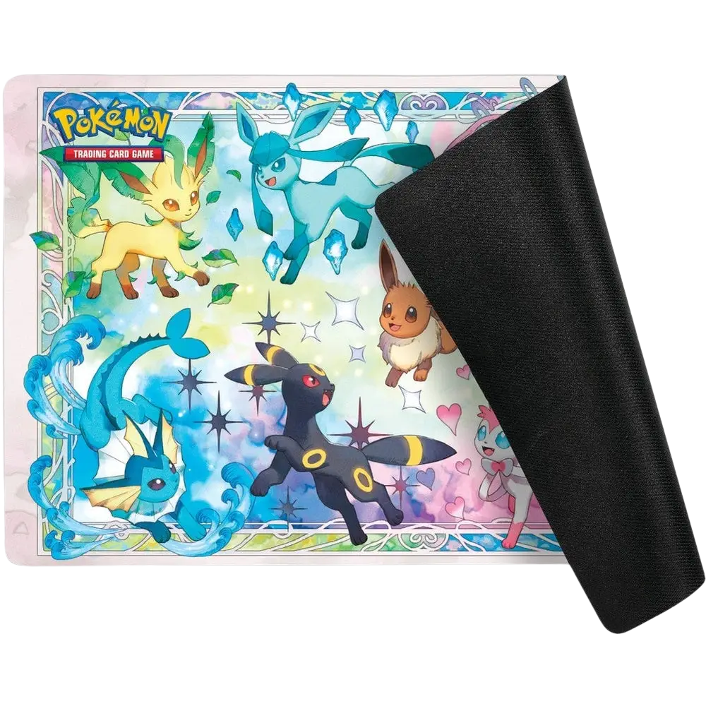 Colorful Pokémon TCG playmat featuring Eevee, Umbreon, and Vaporeon in prismatic evolutions super-premium design