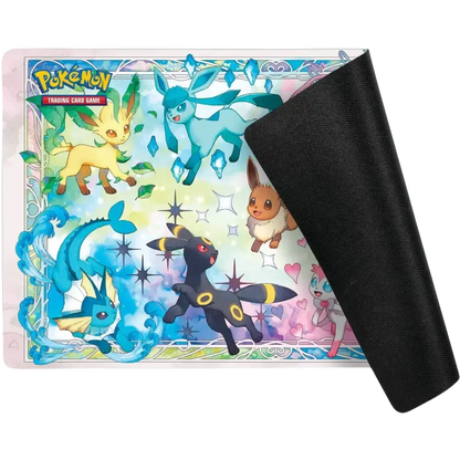Colorful Pokémon TCG playmat featuring Eevee, Umbreon, and Vaporeon in prismatic evolutions super-premium design