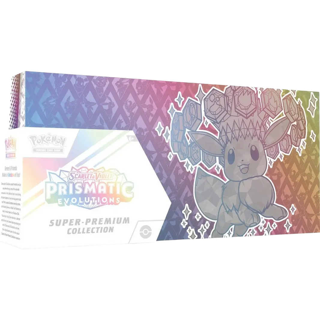 Pokémon TCG prismatic evolutions super-premium collection box featuring a gray, diamond-patterned Eevee with gemstone accents