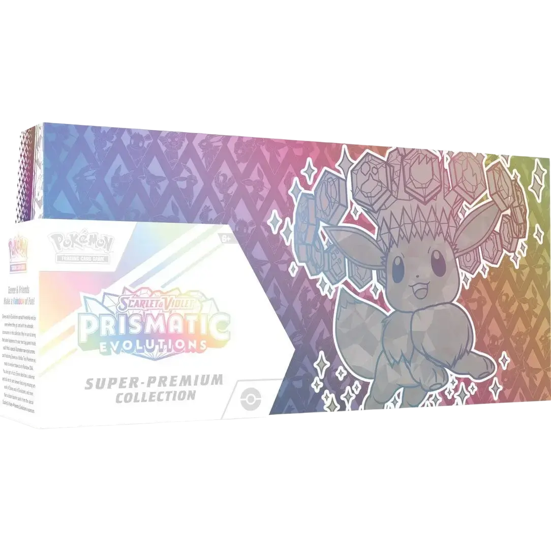 Pokémon TCG prismatic evolutions super-premium collection box featuring a gray, diamond-patterned Eevee with gemstone accents