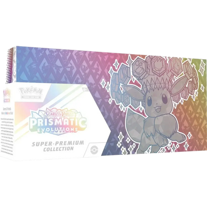 Pokémon TCG prismatic evolutions super-premium collection box featuring a gray, diamond-patterned Eevee with gemstone accents