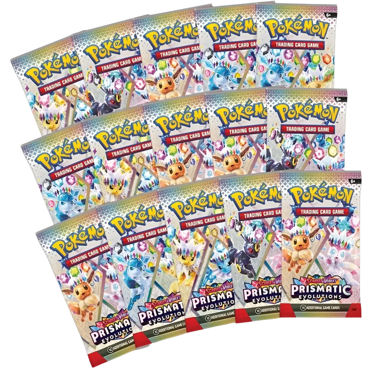 Pack of pokémon trading card game booster packs with colorful iridescent designs featuring eevee in prismatic evolutions expansion