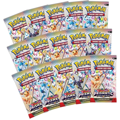 Pack of pokémon trading card game booster packs with colorful iridescent designs featuring eevee in prismatic evolutions expansion