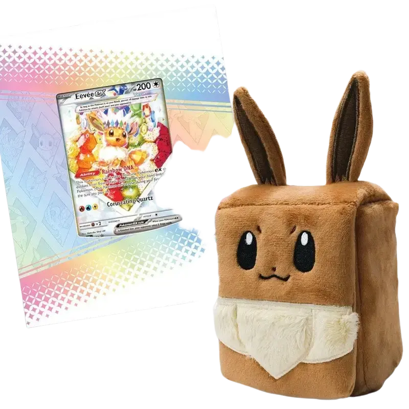 Brown plush eevee-shaped pouch with embroidered face and cream fluffy bib from pokémon tcg prismatic evolutions super-premium