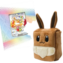 Brown plush eevee-shaped pouch with embroidered face and cream fluffy bib from pokémon tcg prismatic evolutions super-premium