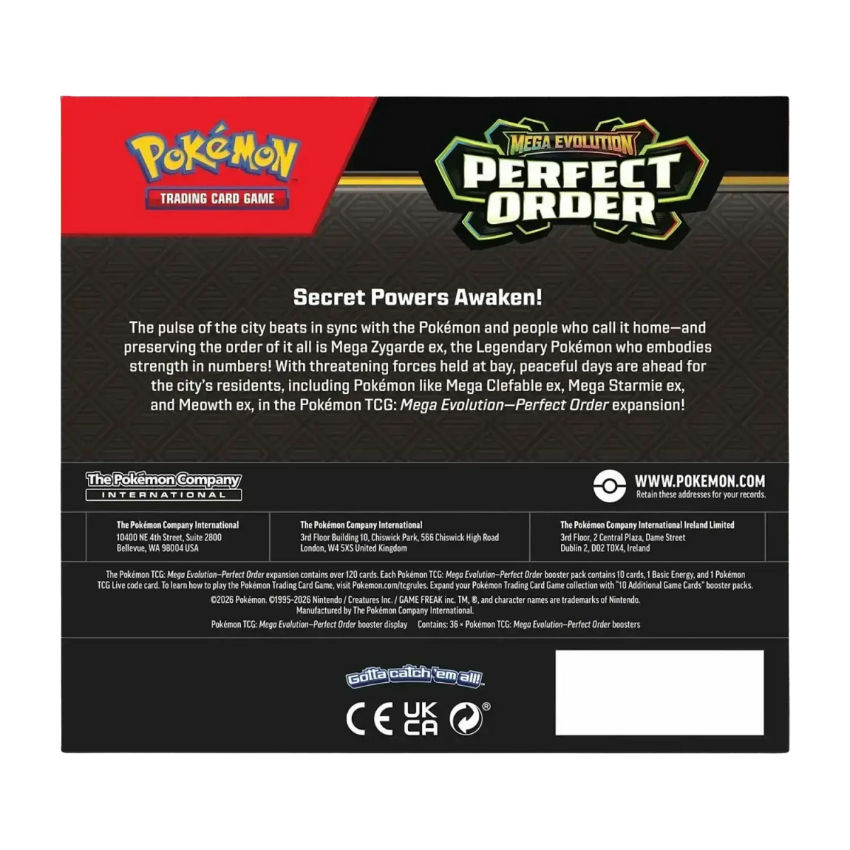 Pokémon trading card game mega evolution perfect order booster display box with black and red packaging and prismatic evolutions elite multiple booster packs