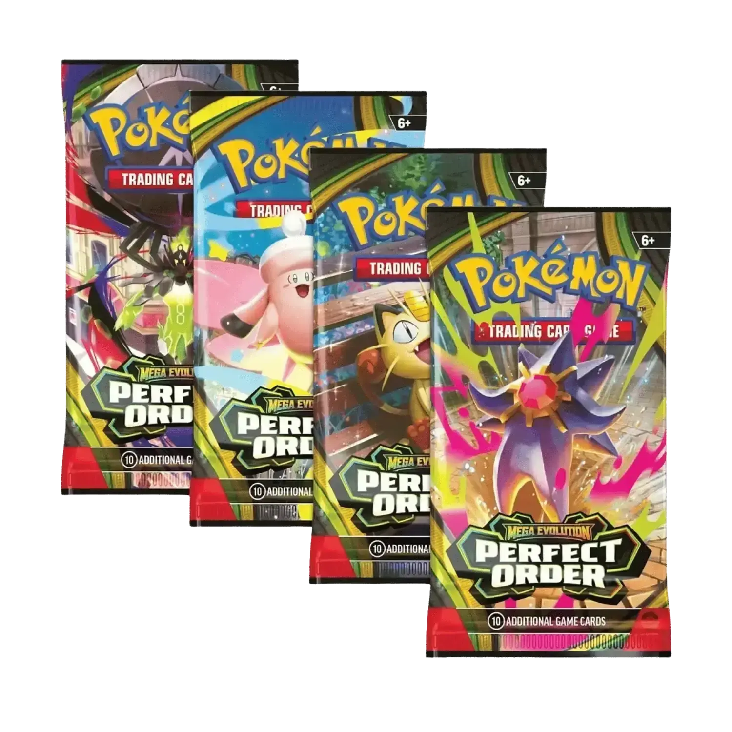 Four colorful glossy cardboard pokémon trading card game mega evolution prismatic evolutions elite booster packs