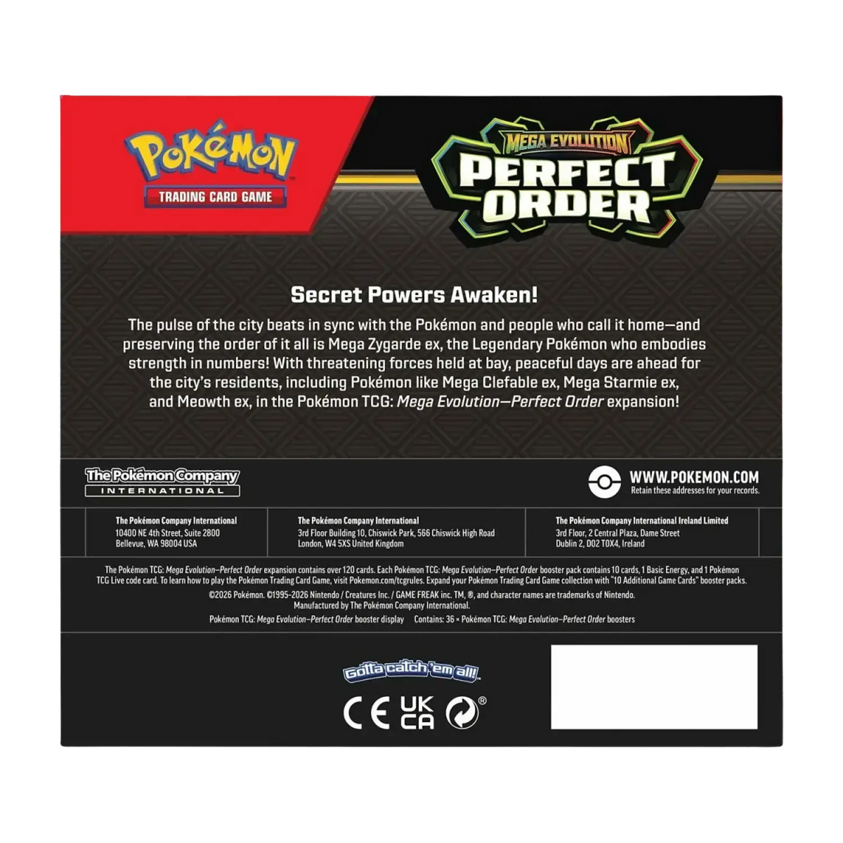 Pokemon trading card game mega evolution perfect order booster box with black and red packaging featuring prismatic evolutions elite multiple booster packs