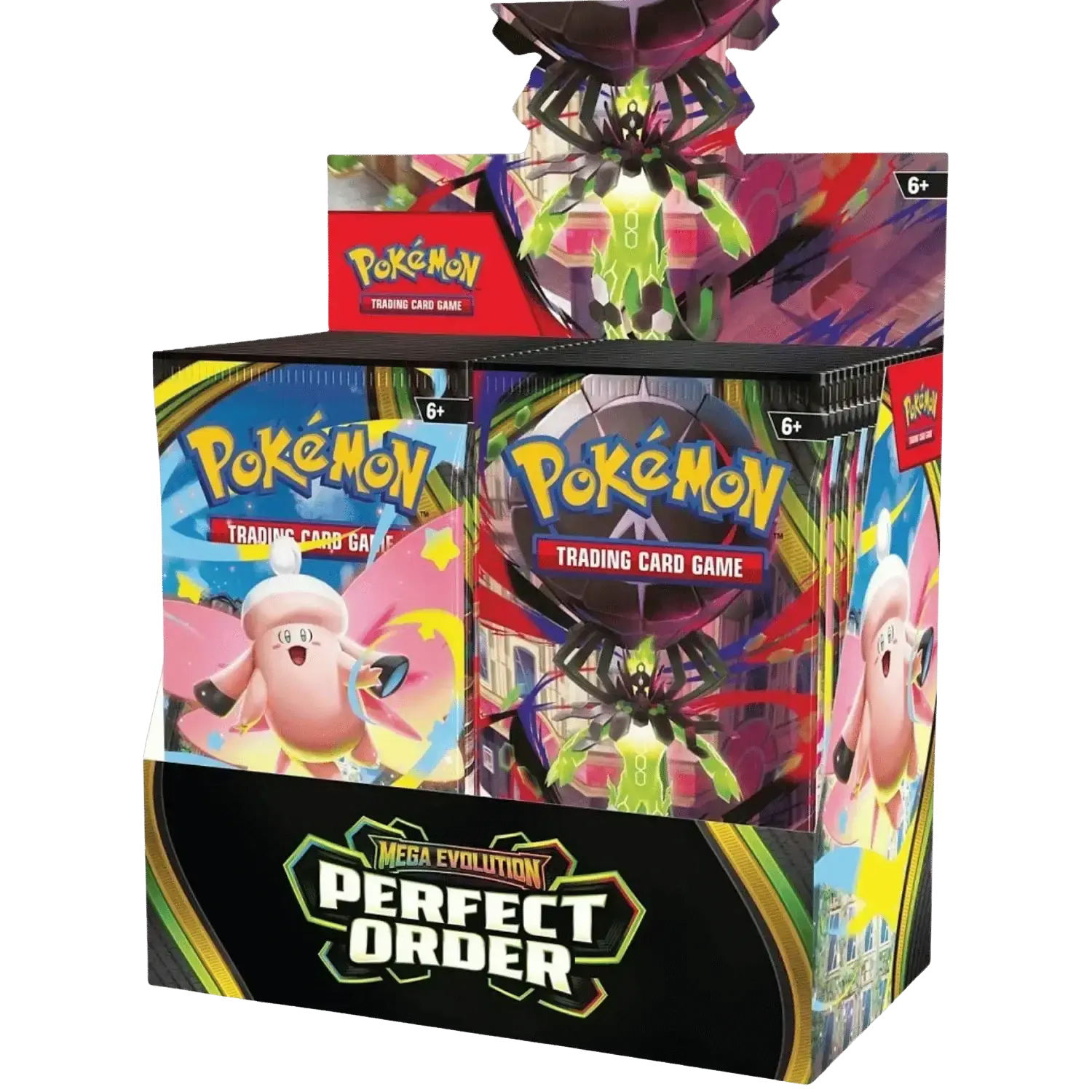 Vibrant Pokémon trading card game box featuring mega evolution with prismatic evolutions elite and multiple booster packs