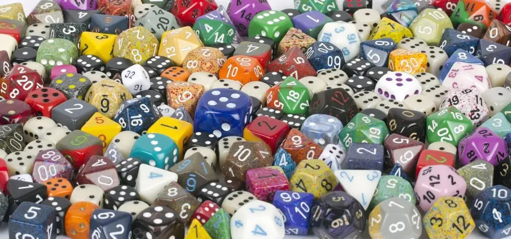 A large assortment of colorful, multi-sided dice.
