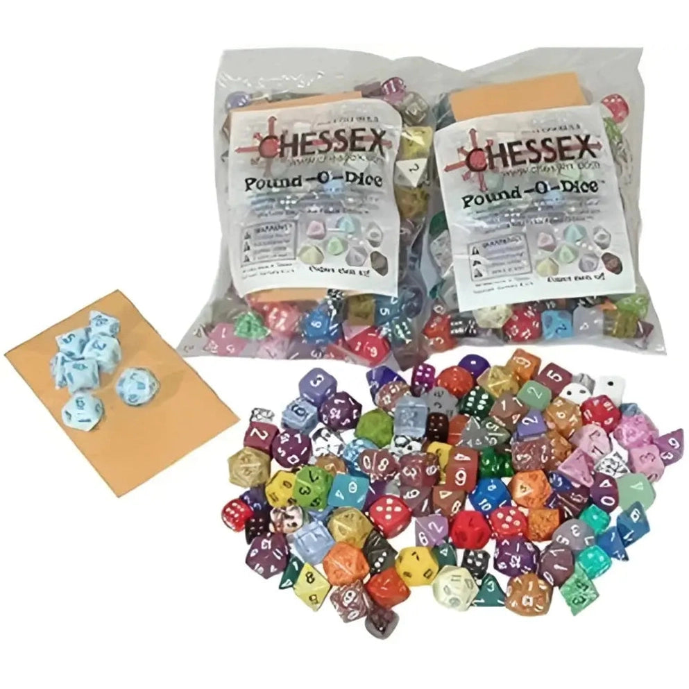 Bags of assorted colorful polyhedral dice