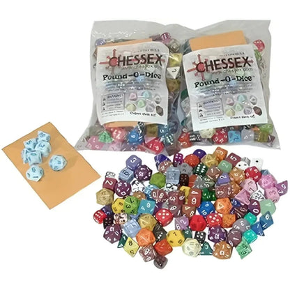 Bags of assorted colorful polyhedral dice