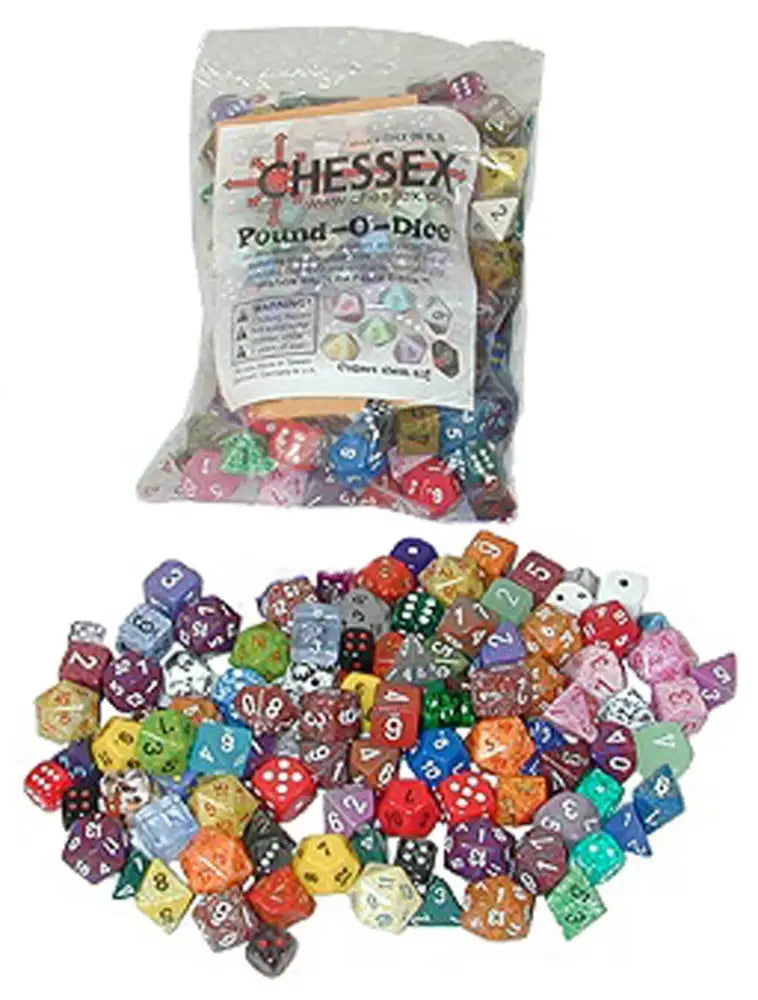 A large bag of assorted polyhedral dice.