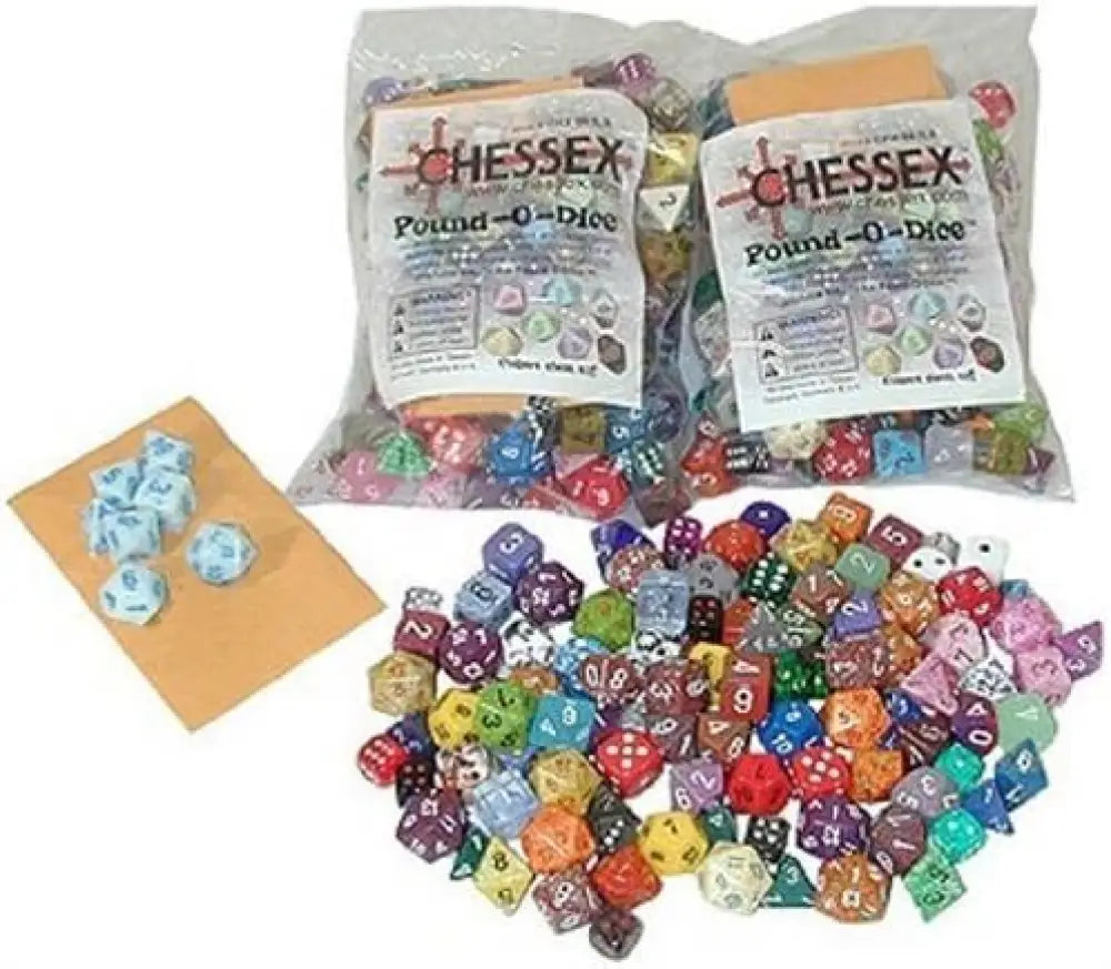 Bags of assorted colorful polyhedral dice
