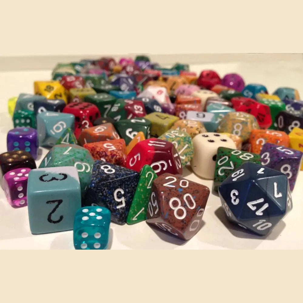 A diverse collection of multi-colored, multi-sided dice.