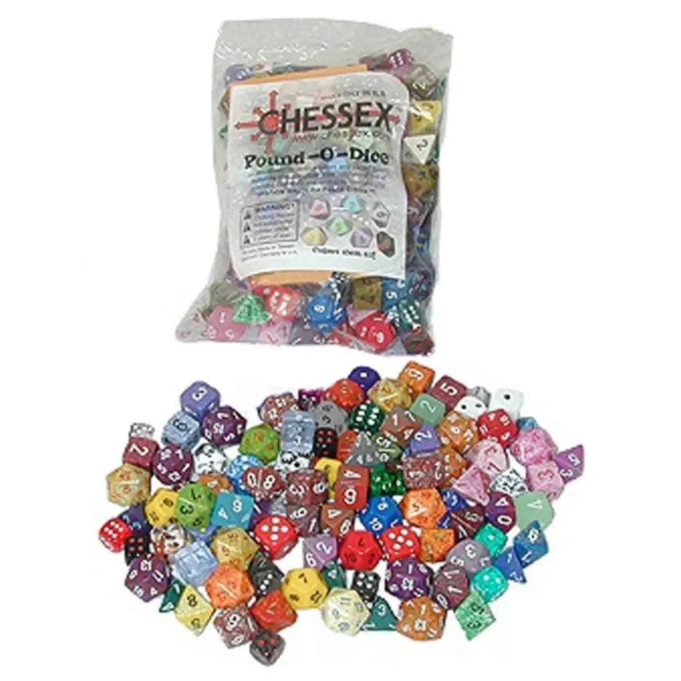 A large bag of assorted polyhedral dice.