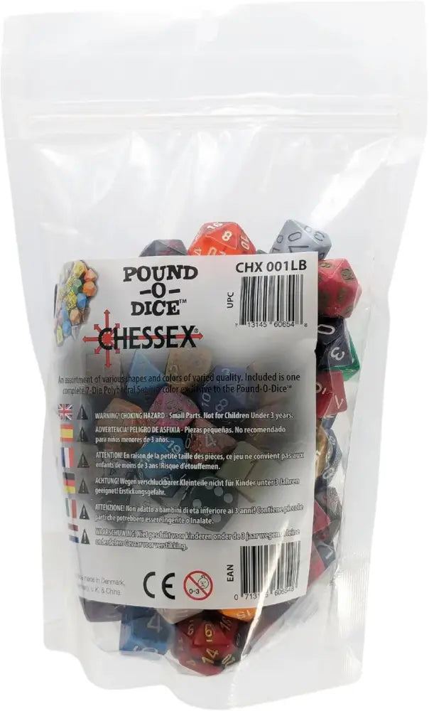 A clear plastic bag filled with assorted Chessex ’Pound-O-Dice’ polyhedral dice.