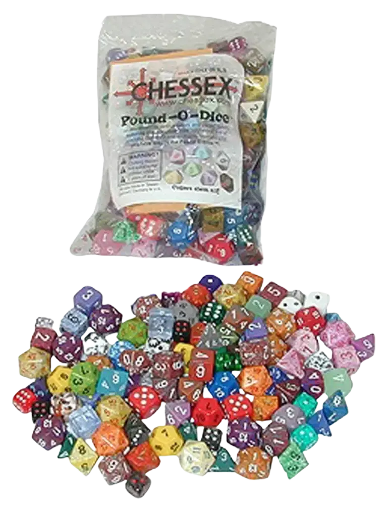 A large bag of assorted polyhedral dice.