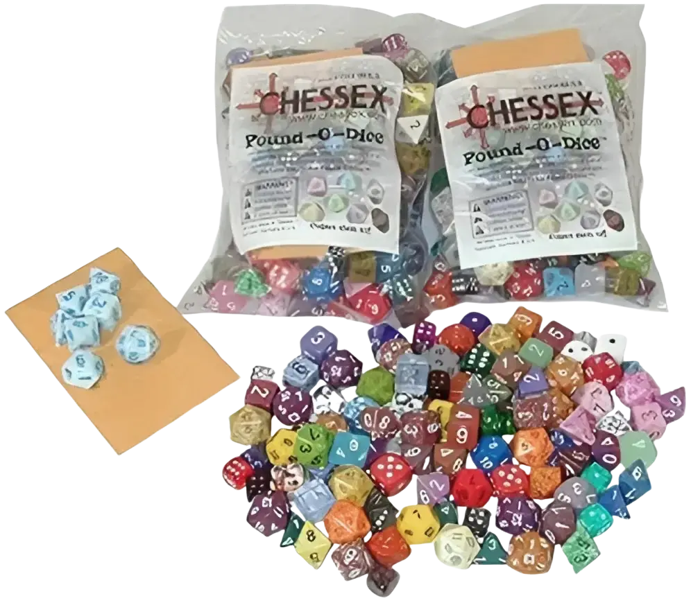 Bags of assorted colorful polyhedral dice