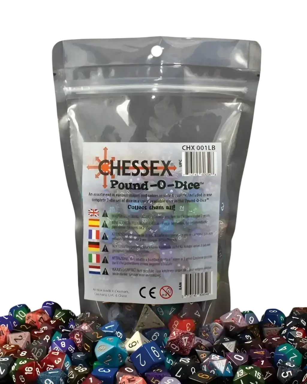 A clear plastic bag filled with assorted polyhedral dice, with many similar dice scattered around it.