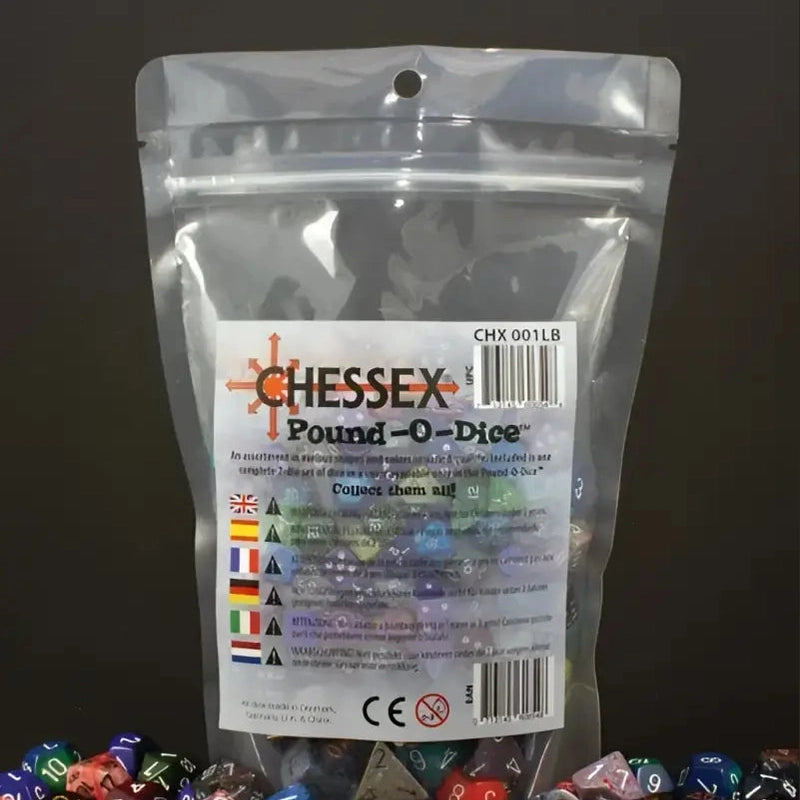 A clear plastic bag filled with assorted polyhedral dice, with many similar dice scattered around it.
