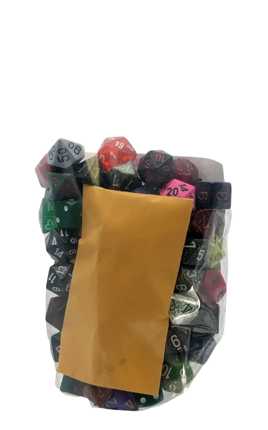A clear plastic bag filled with assorted polyhedral dice and a small brown envelope.