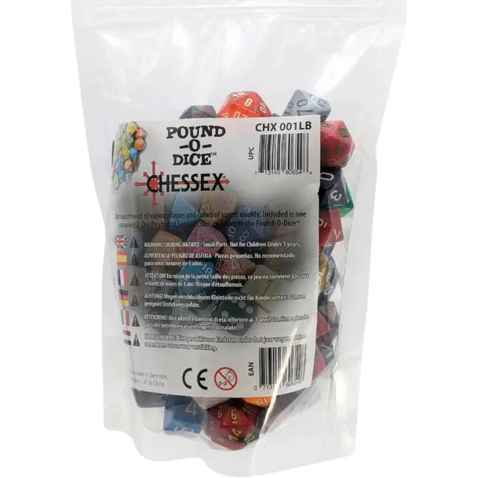 A clear plastic bag filled with assorted Chessex ’Pound-O-Dice’ polyhedral dice.