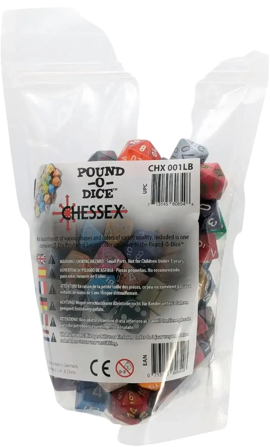 A clear plastic bag filled with assorted Chessex ’Pound-O-Dice’ polyhedral dice.