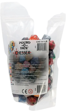 A clear plastic bag filled with assorted Chessex ’Pound-O-Dice’ polyhedral dice.