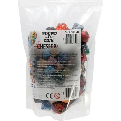 A clear plastic bag filled with assorted Chessex ’Pound-O-Dice’ polyhedral dice.
