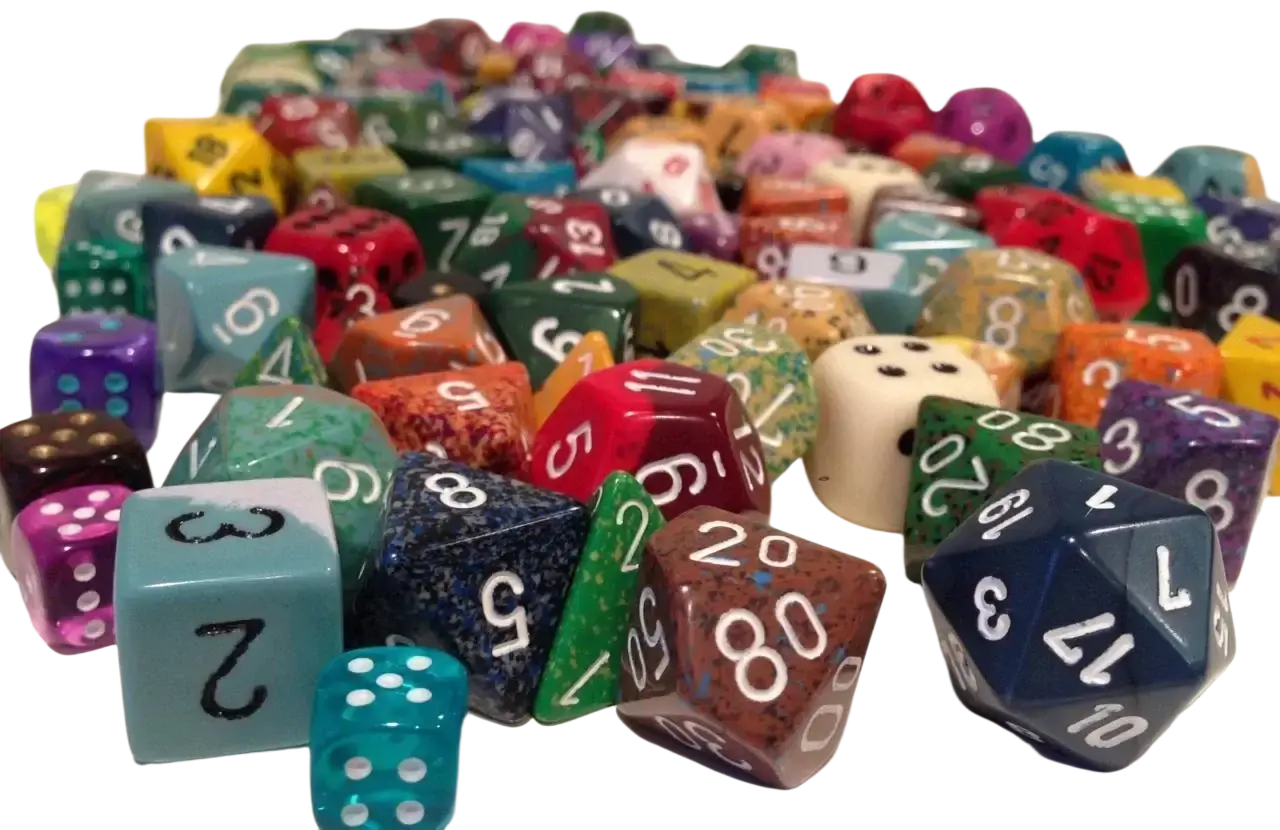 A diverse collection of multi-colored, multi-sided dice.