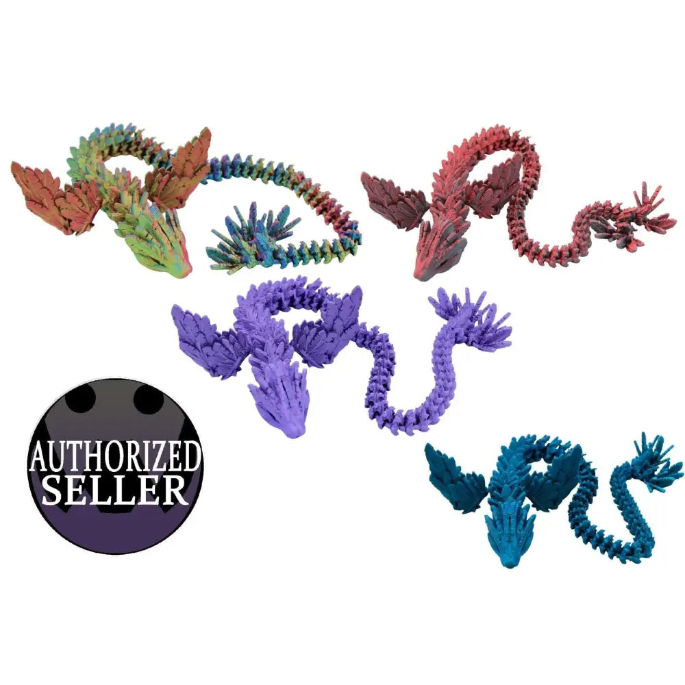 Colorful articulated dragon figurines.