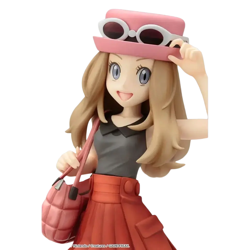 Detailed serena with fennekin artfx statue of smiling anime girl with blonde hair pink hat and handbag in gray top and orange skirt